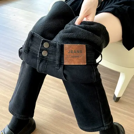 黑色直筒牛仔裤女春秋新款高腰显瘦九分小个子八分加厚加绒烟管裤商品大图