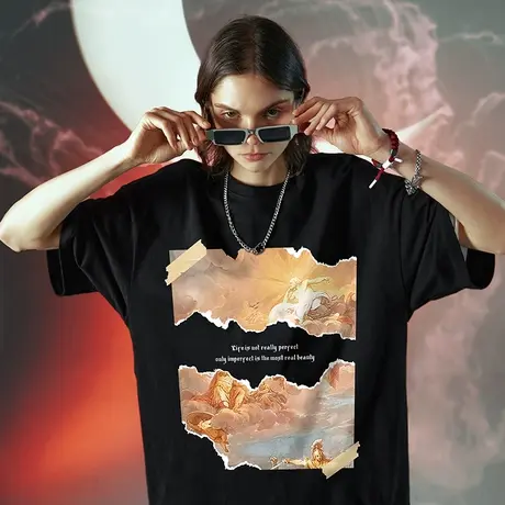 国潮oversize油画短袖男ins潮牌t恤设计感小众宽松潮流半袖夏季潮图片