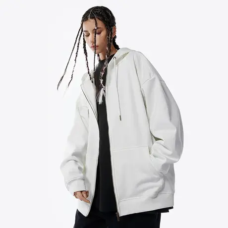 欧美国潮纯色开衫卫衣男潮牌ins加绒带帽高街潮流加肥加大外套潮商品大图