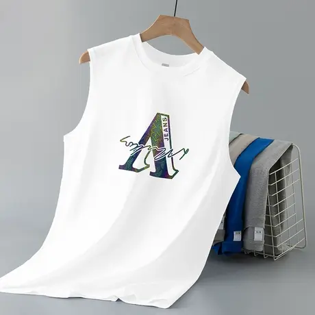 美式重磅纯棉白色背心男士夏季外穿健身跨栏宽松运动坎肩无袖t恤商品大图