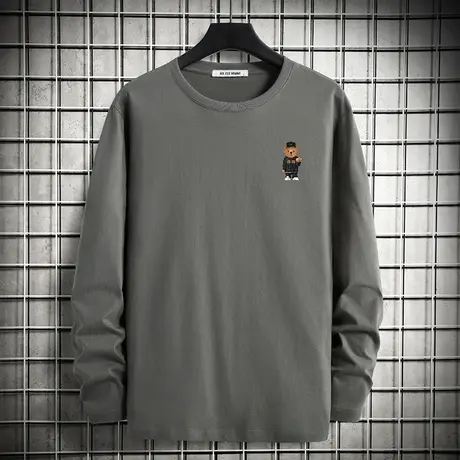 男士长袖t恤纯棉中国潮流小熊圆领上衣服秋季宽松全棉内搭打底衫商品大图