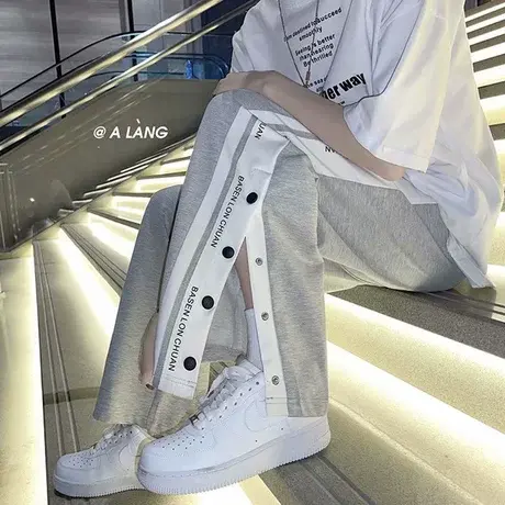 侧边排扣潮流直筒裤男春秋季新款宽松阔腿拖地撞色拼接休闲长裤子商品大图