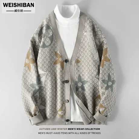 美式潮牌个性提花针织衫毛衣男秋冬季潮牌V领慵懒风外穿开衫外套图片