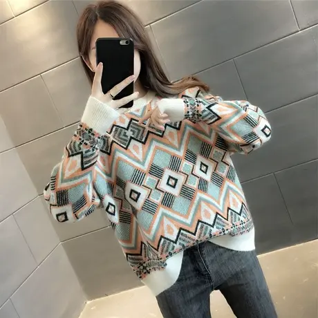 撞色菱格圆领套头针织打底上衣2023年秋冬新款毛衣宽松百搭潮流商品大图