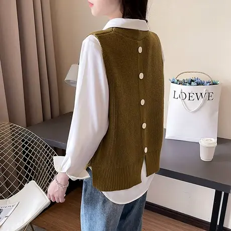宽松口袋针织马甲女内搭V领设计感马夹背心上衣图片