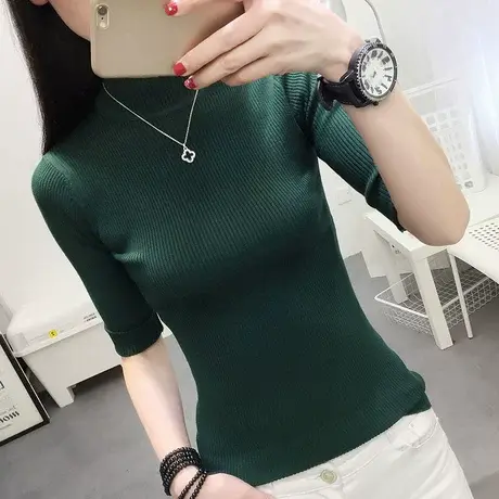 半袖针织衫女五分袖上衣秋装2023新款洋气半高领毛衣女打底衫内搭商品大图