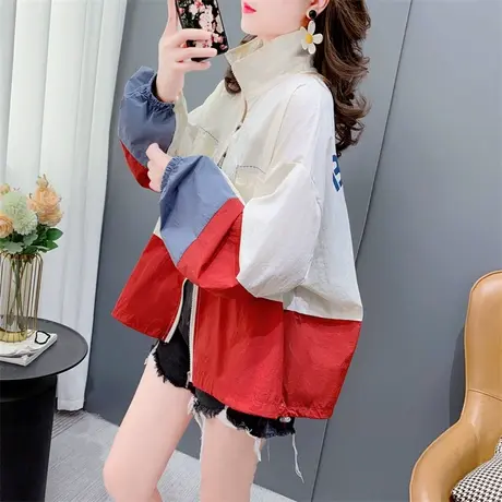 港风拼接撞色立领防晒衣外套女2023新款夏季宽松学生长袖开衫上衣商品大图