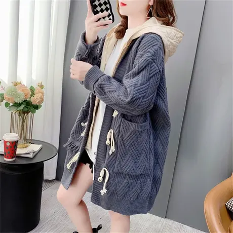 中长款加厚毛衣开衫女2023新款春季宽松设计感拼接牛角扣针织外套图片