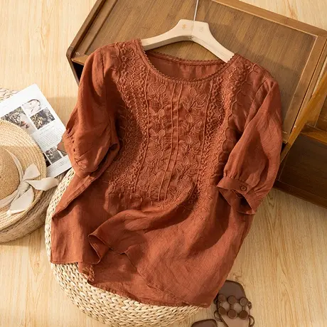 享永子短袖苎麻刺绣上衣女文艺复古宽松棉麻T恤小衫百搭2024新款图片