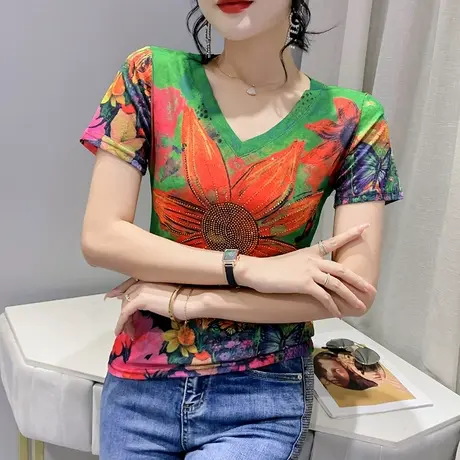 时尚印花气质T恤女短袖性感V领薄款网纱小衫欧货烫钻修身洋气上衣商品大图