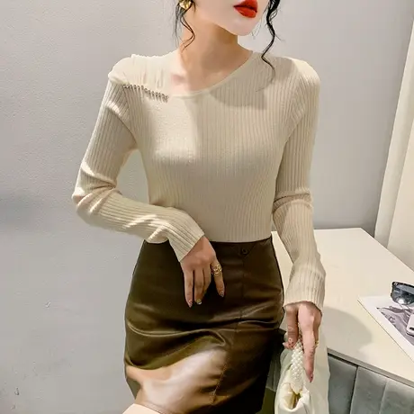 秋冬新款套头针织衫气质网纱拼接斜V领长袖上衣洋气修身内搭毛衣商品大图