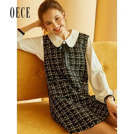 Oece春装半糖淑女复古小香风V领织花背心裙连衣裙图片