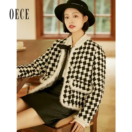 Oece复古棋盘格外套冬新款女格子毛呢大衣短款小个子商品大图