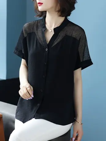 网纱雪纺衫衬衫女装新款大码2023夏装短袖中年妈妈衬衣短袖女上衣商品大图