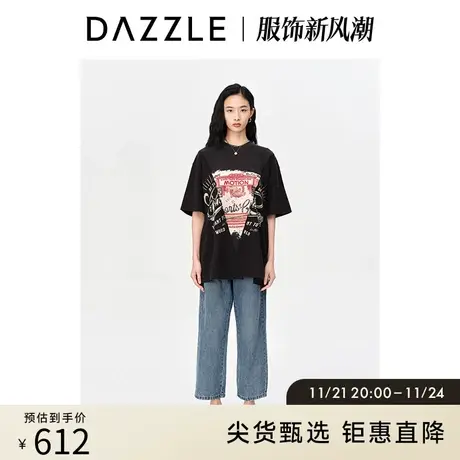 DAZZLE地素奥莱 春季黑色小众不对称设计感宽松印花短袖T恤女图片