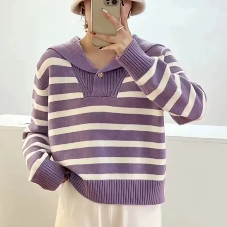 学院风海军领条纹针织毛衣女装上衣2023秋冬新款时尚套头打底衫商品大图