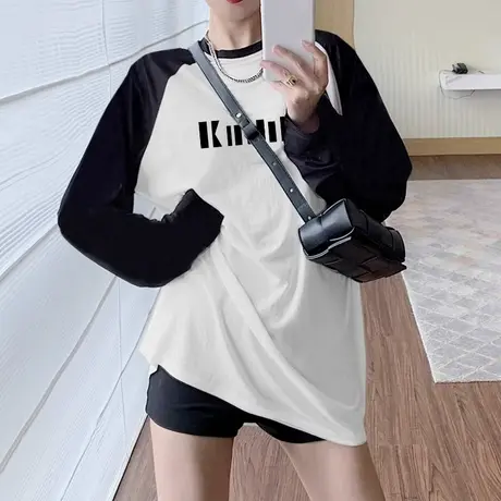 中长款插肩长袖t恤女秋2023新款小众宽松港味chic上衣遮臀打底衫商品大图