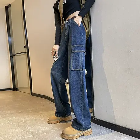 深蓝色大口袋工装裤女直筒宽松大码秋冬高腰显瘦拖地阔腿牛仔裤子图片