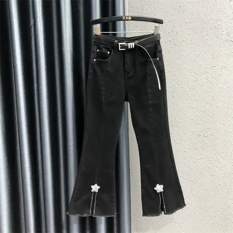 欧货2023女秋新款时髦休闲高腰喇叭裤重工烫钻开叉显瘦牛仔微喇裤图片