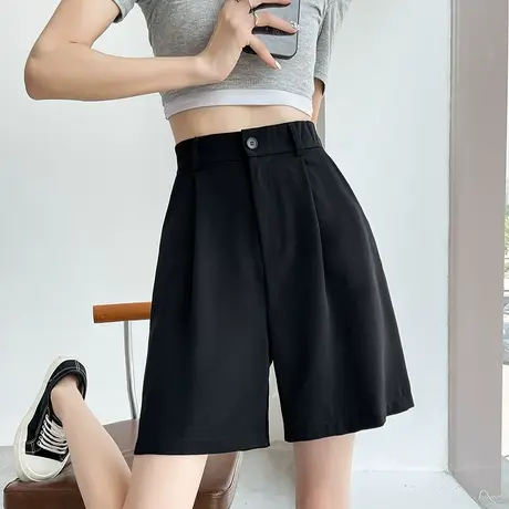 黑色西装短裤女夏季2024薄款高腰垂感a字宽松遮胯显瘦阔腿五分裤商品大图