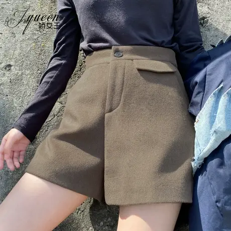 毛呢阔腿短裤女秋季时髦韩版宽松显瘦百搭休闲a字裤呢子外穿靴裤商品大图
