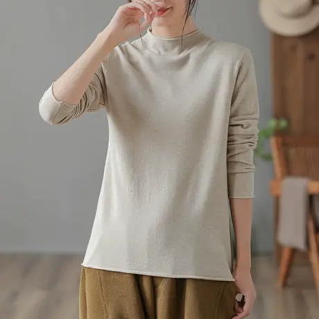 dza 复古纯色棉线针织衫女秋冬洋气内搭打底衫休闲宽松半高领毛衣商品大图