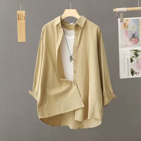 慵懒风纯色黄色衬衫外套女秋季中长款长袖设计感衬衣宽松休闲上衣图片