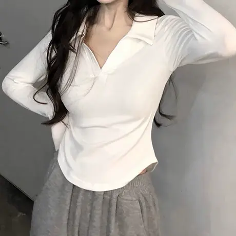 秋季chic上衣女新款纯欲风辣妹长袖短款修身紧身t恤别致独特小衫商品大图