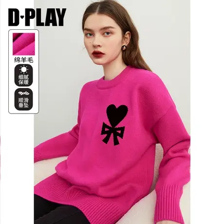 DPLAY冬撞色爱心火龙果色圆领长袖落肩 宽松休闲套头毛衣图片