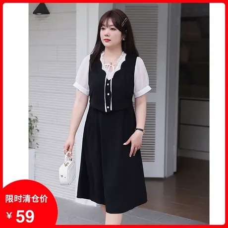 【清仓】季新款法式显瘦大码胖妹妹连衣裙黑色拼接长裙假两件套装商品大图