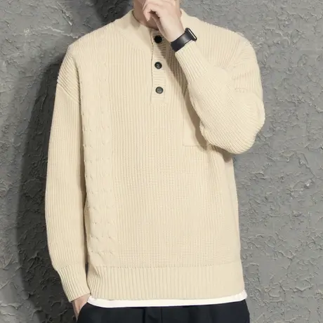 奕飏秋冬潮牌韩版修身亨利领小众毛衣男士设计师冬季圆领情侣外套商品大图