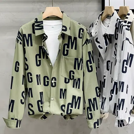 男长袖春秋季潮流字母印花衬衫男装工装牛仔衬衣宽松日系休闲外套商品大图