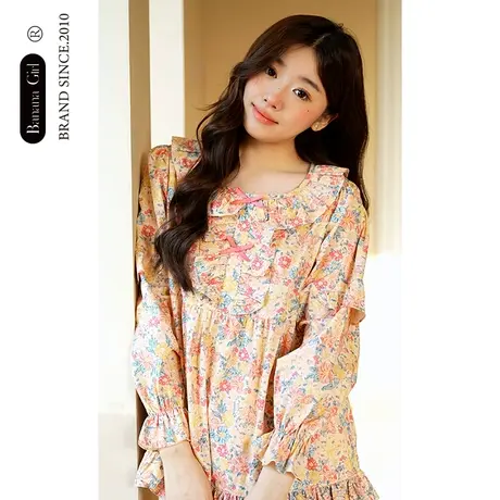 Bananagirl睡衣女2023年春秋新款圆领长袖长裤印花套装女士家居服商品大图