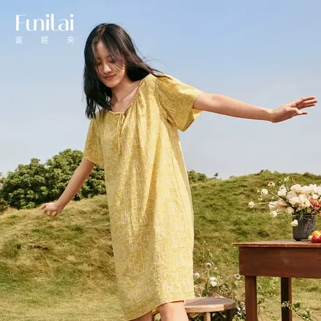 富妮来舒适薄款女睡裙短袖宽松睡衣长款黄色春夏季薄款棉质家居服商品大图
