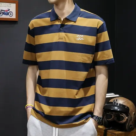 夏季Polo衫男短袖t恤男士半袖潮牌大码2024新款男装有领条纹体恤商品大图