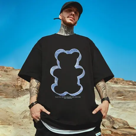 潮牌短袖T恤宽松小熊套头情侣装胖子加肥加大码男装纯棉夏季潮流图片