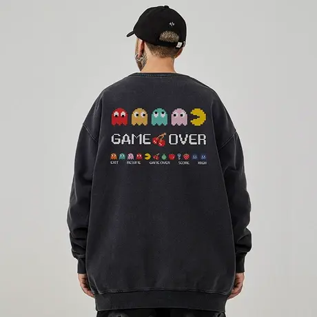 加肥加大码圆领美式重磅复古日系男装加绒宽松水洗做旧卫衣秋冬款商品大图