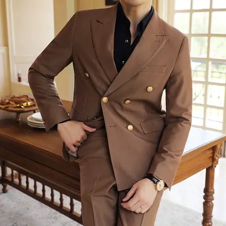 布雷泽巴黎金属双排扣西服男套装意式戗驳领焦糖色美拉德秋冬外套图片