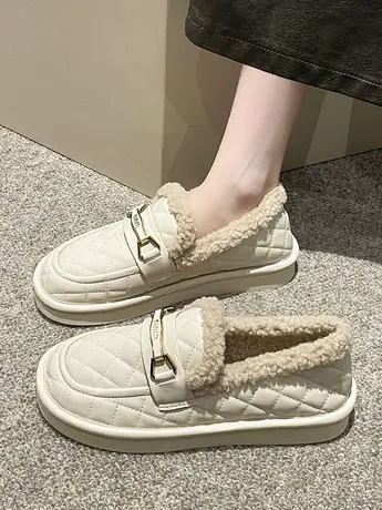 毛毛鞋女冬外穿加绒豆豆鞋孕妇懒人一脚蹬大头面包乐福鞋雪地棉鞋图片