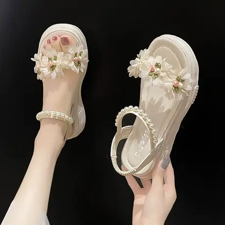 凉鞋2023年新款女夏平底珍珠花朵少女小清新配裙子chic沙滩罗马鞋商品大图