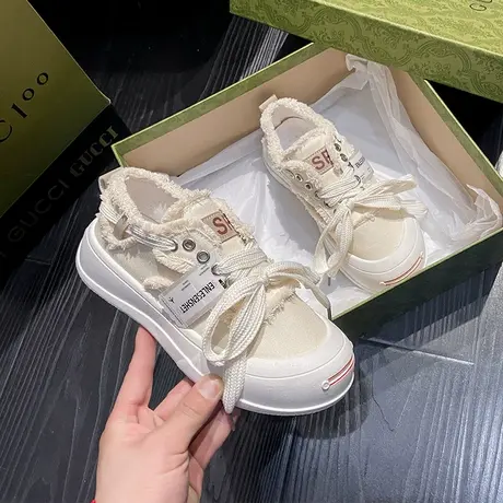 爆款小众设计开口笑帆布鞋女2023夏季新款ins小白鞋休闲厚底板鞋商品大图