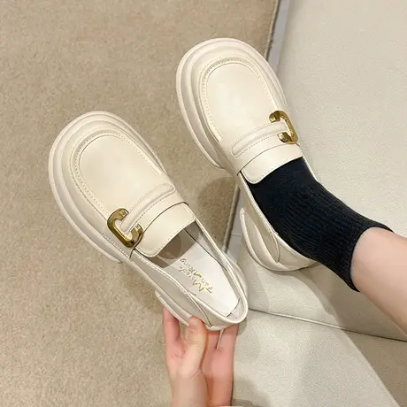 一脚蹬厚底小皮鞋女春秋季新款2023年百搭复古英伦风乐福鞋子黑色商品大图