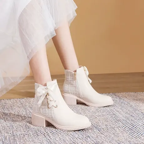 百翎2022秋冬新款靴子女加绒中跟蝴蝶结小香风粗跟短靴软底女鞋子图片