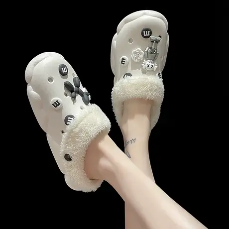 暴力熊洞洞鞋女秋冬季加绒保暖厚底可爱室内可外穿防滑包头棉拖鞋商品大图