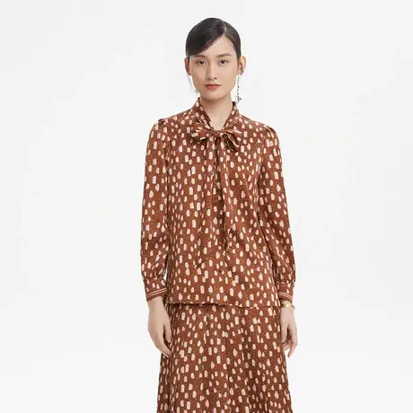 LANCY/朗姿2023春季奥莱印花衬衫女高级感通勤飘带职业长袖衬衣商品大图