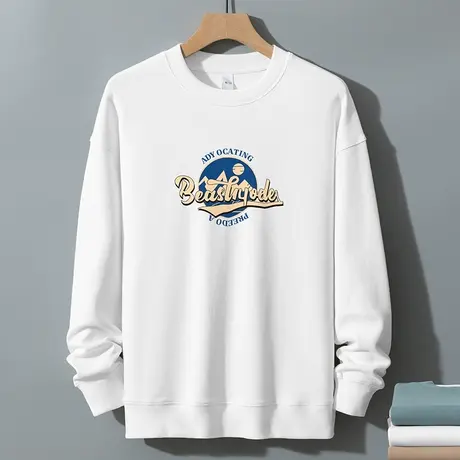 350g重磅男士卫衣2024新款潮牌印花圆领长袖t恤秋冬季白色上衣服商品大图