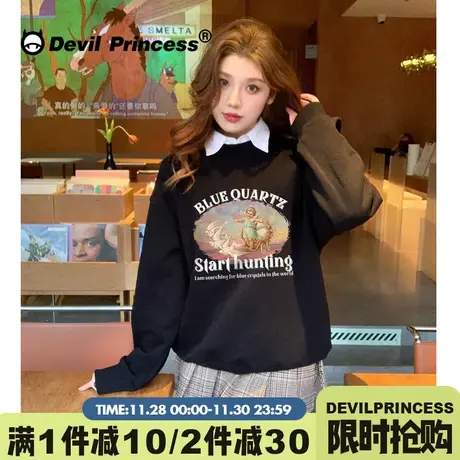 vintage美式校园风黑色无帽卫衣女宽松设计感小众通勤加绒款上衣图片