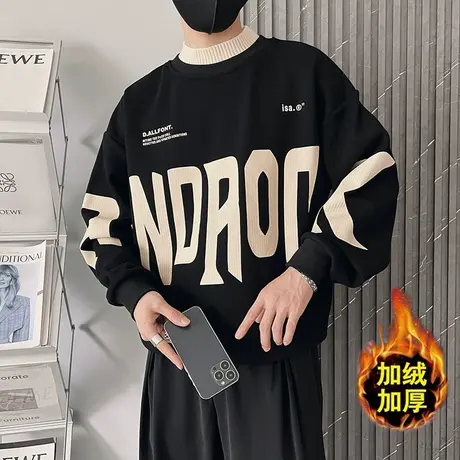 美式宽松字母印花半高领加绒卫衣男冬季2023新款加厚套头内搭上衣商品大图