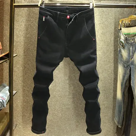 秋冬款休闲百搭牛仔裤男款修身弹力小脚裤潮流时尚斜口袋黑色裤子商品大图