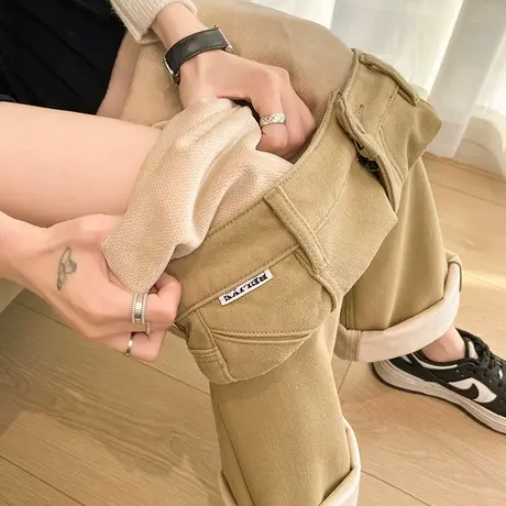 卡其色阔腿牛仔裤女2024秋冬新款高腰宽松加绒加厚直筒小个拖地裤图片